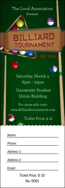 Billiard Tournament Raffle Ticket Product Front