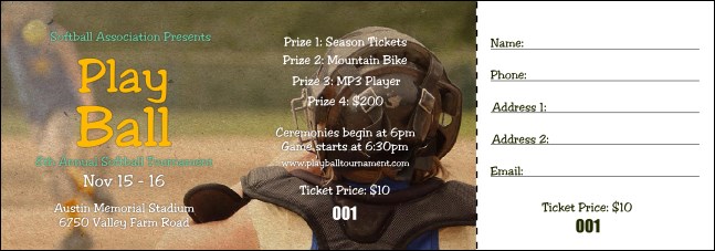 Youth Softball Raffle Ticket Product Front