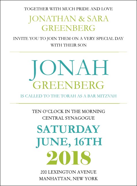 Bar Mitzvah Green and White Invitation