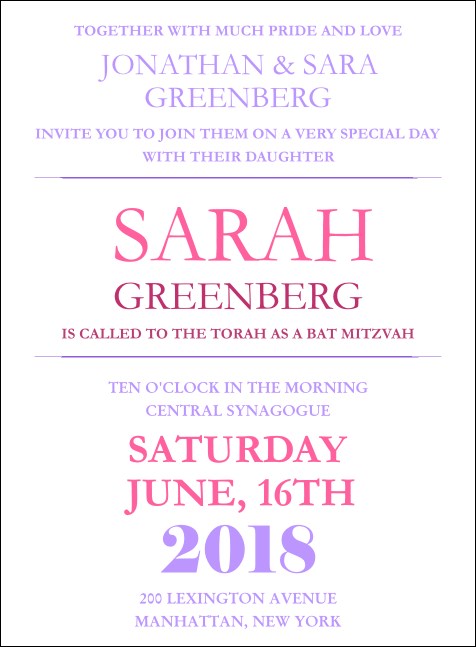 Bat Mitzvah Pink and Lavender Invitation