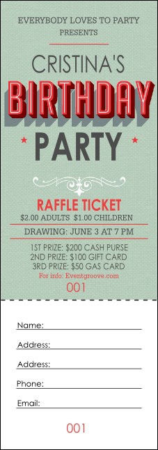 Birthday Party Green Raffle Ticket