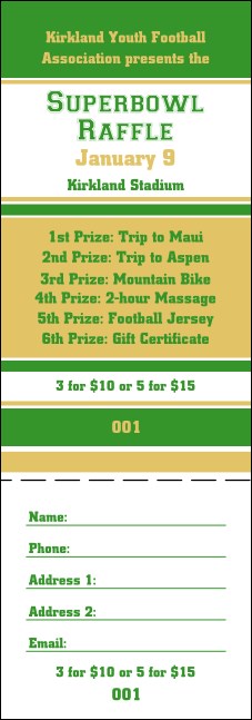 Sports Raffle Ticket 005 in Green and Gold Product Front